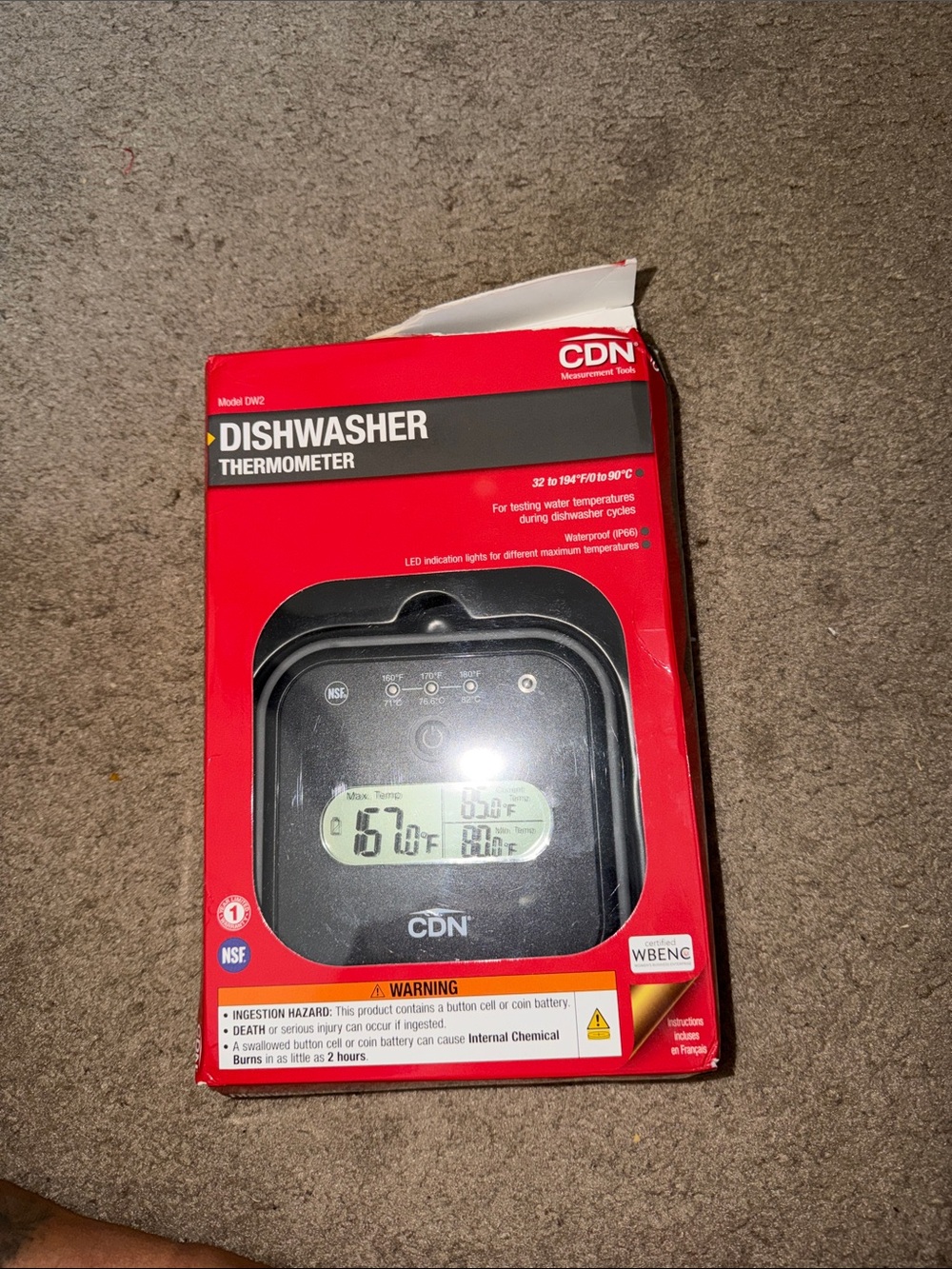 CDN Dishwasher Thermometer in Red Packaging